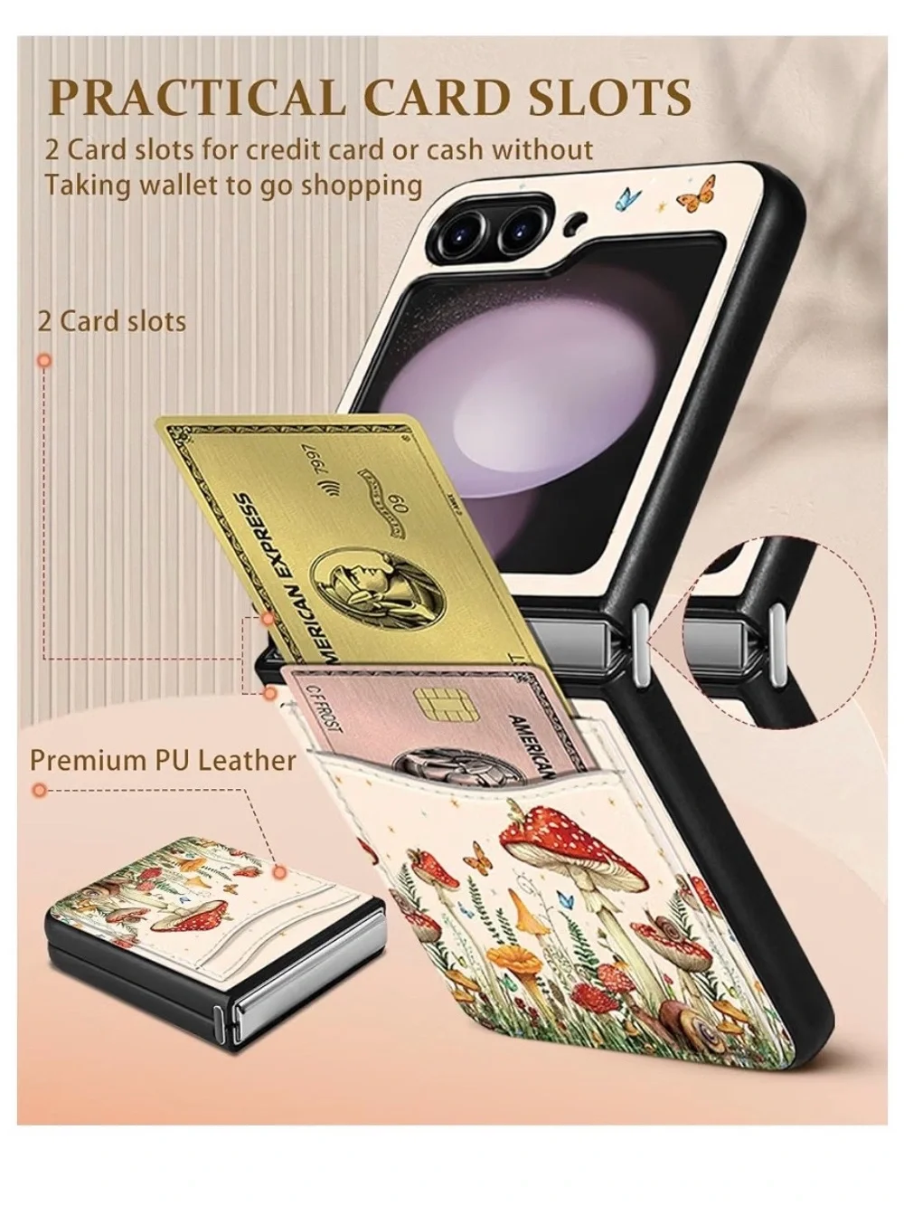 Galaxy Z Flip 5 Wallet Phone Case with Mushroom Floral Design - Cream